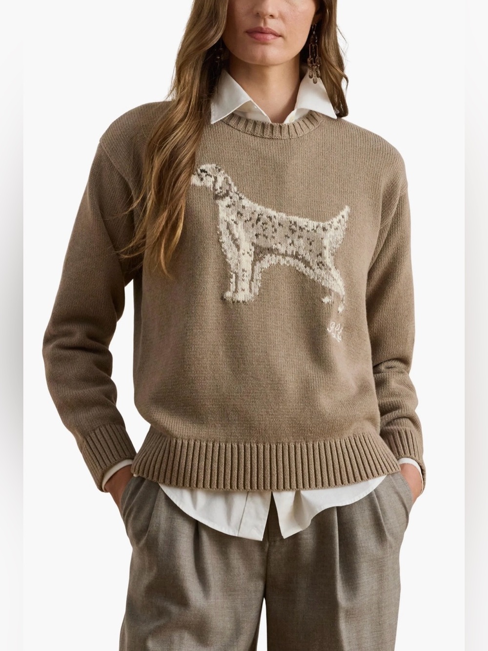 Polo by Ralph Lauren Taupe Dog Intarsia Crewneck Sweater - Picture 2 of 5